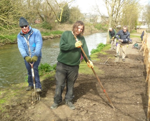 voluntyeers forking, hoeing the riverbank for sowing grass seed
