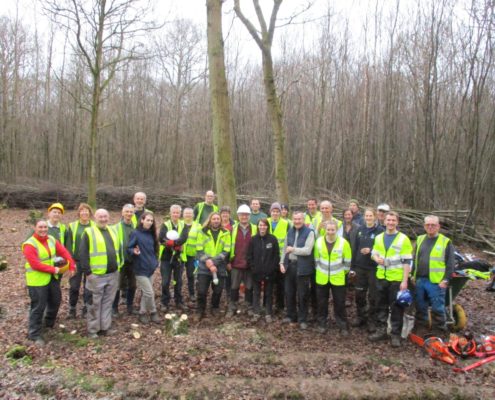 group shot of helpers in Dering Wood woodland