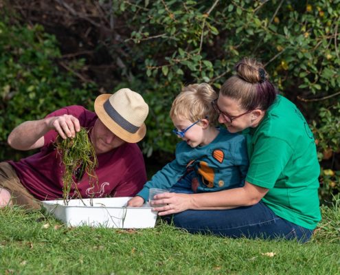2 people + child looking closley at river dipping finds