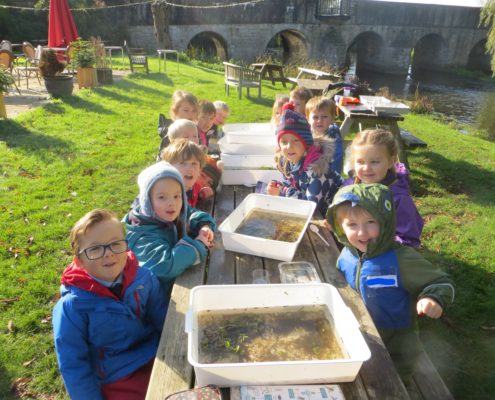 group school childrenwith trays of river dip samples
